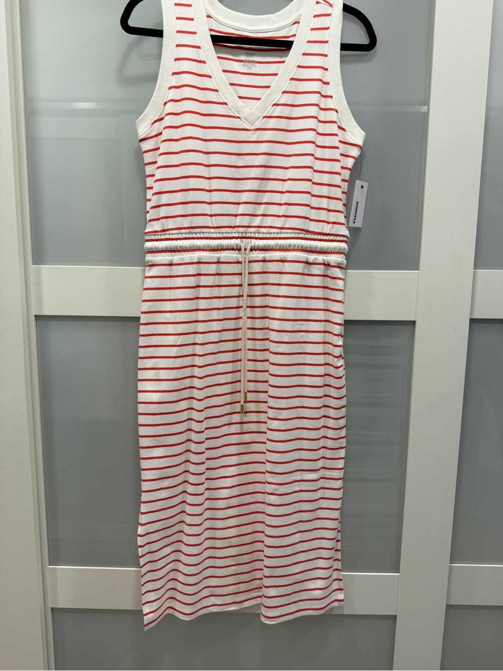 Sonoma White and Red Striped Sleeveless Midi Dress